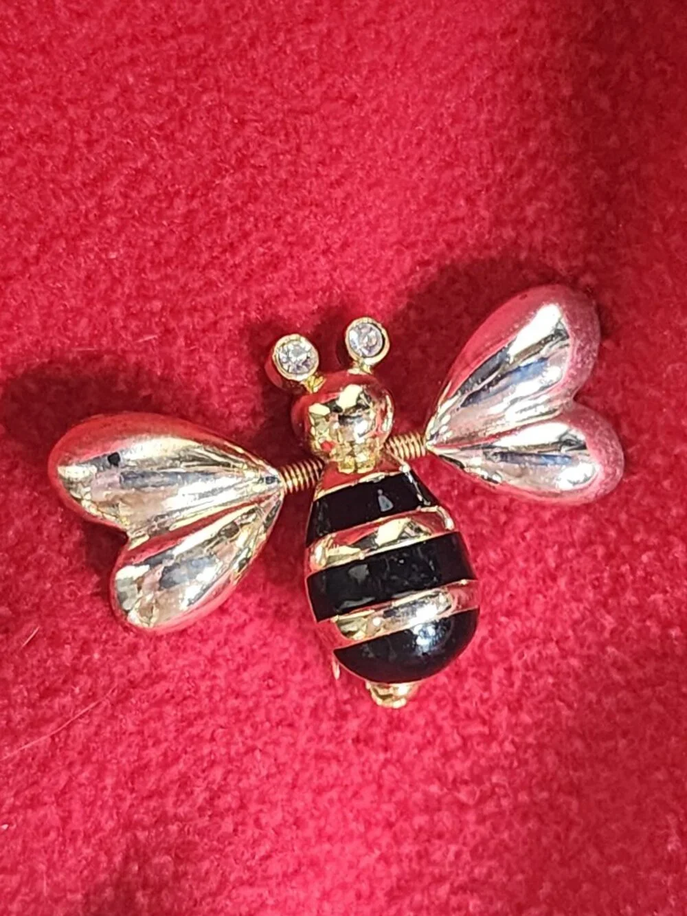 Mixed Metal Vintage Black Enamel Trembler Heart Winged w/Rhinestone Eyes Bee Pin